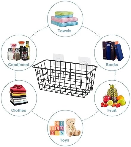 JUNCHU CHERRY 2 Pack Hanging Storage Basket, Bathroom Basket, Household Goods, with Traceless Tape, no Drilling, for Cabinet Storage, Kitchen, Bathroom, Storage Room,Black