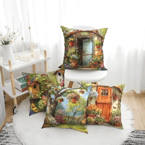 Garden Floral Vintage Throw Pillow Covers Set of 4 Decorative Soft Double Sided Print Pillow Case Farmhouse Home Decor for Living Room Sofa Couch 18x18
