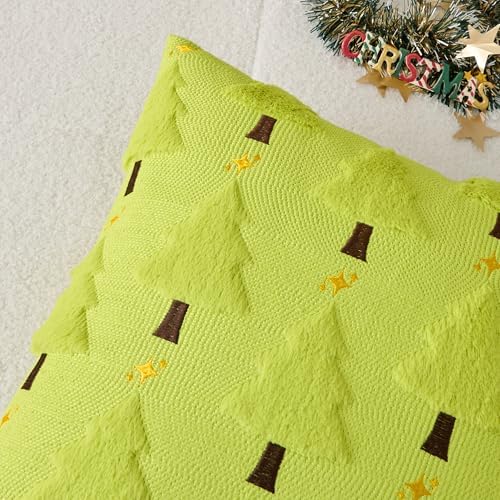 Kevin Textile Christmas Tree Pillow Covers 20x20 Inch Set of 2 Twinkle Golden Star Embroidery Soft Plush Faux Fur Throw Pillowcases for Couch Sofa Holiday Festivals Winter Xmas Gift, Green