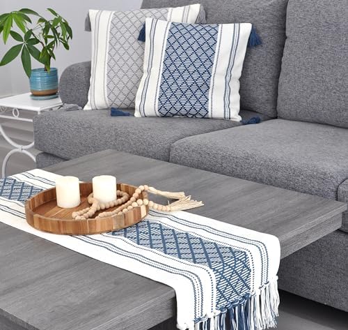 Boho Throw Pillow Covers with Tassels Navy Blue 16x16 inches Set of 2 Checkered Geometric Pattern/Decorative Square Pillow Covers for Couch Sofa Indoor Outdoor/Farmhouse Accent Pillow Cases