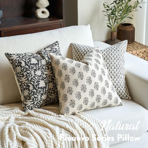 FIOUOVO Floral Vintage Throw Pillow Covers 24x24 Pillow Cover Block Print Decorative Cushion Covers Farmhouse Neutral Accent Home Décor for Sofa Couch Living Room Bedroom, 1PC, Charcoal Black