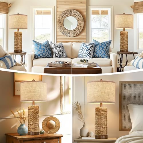 27.5'' Tall Natural Rattan Table Lamps Set of 2, Hand - Woven Wicker Lamp with Linen Shade, Rustic Coastal Boho Style Table Lamps for Bedroom, Living Room, Home Decor