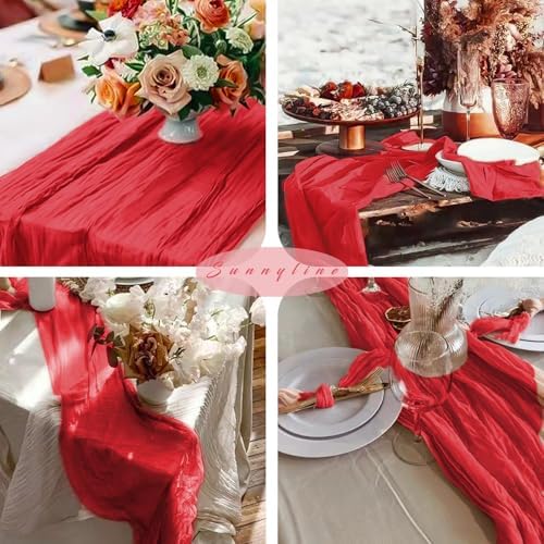 Red 12 Pieces 35 x 120 Inches Long Cheesecloth Table Runner Gauze Fabric 10Ft Boho Table Runner Rustic Sheer Runner for Wedding Baby Bridal Shower Birthday Holiday Party Table Arbor Decor (Red)