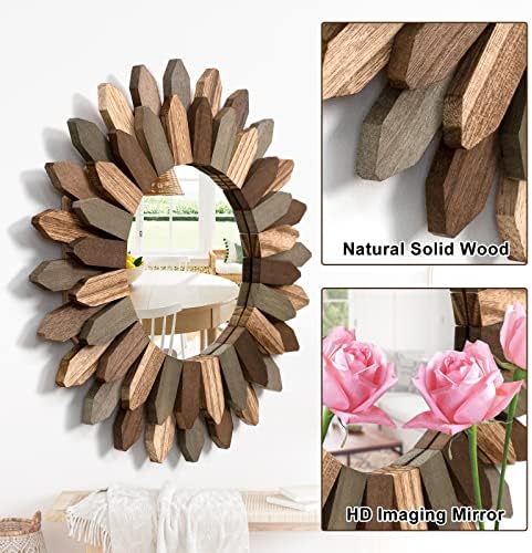 Emfogo Wall Mirror 12 inch Rustic Wood Sunburst Boho Mirror Farmhouse Wall Decor Room Decor Home Decor for Bedroom Living Room Entryway (Tri-Color)