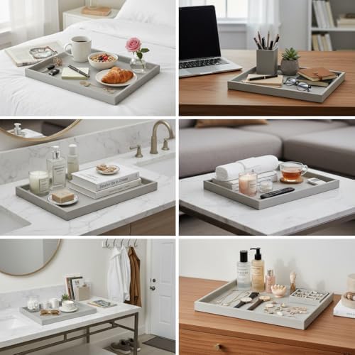 35 * 18 Inch Rectangular Ottoman Tray | Textured PU Leather, Waterproof & Heat-Resistant Storage for Coffee/Dining Tables, Sofa, Bed, Entertainment & Party (Tranquil Beige, 35 * 18in)