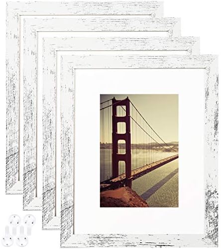 BAIJIALI 8x10 Picture Frame Distressed White Wood Pattern Set of 4 with Tempered Glass,Display Pictures 5x7 with Mat or 8x10 Without Mat, Horizontal and Vertical Formats for Wall and Table Mounting
