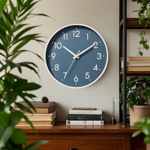Mosewa 12 Inch Wall Clock Battery Operated Silent Non Ticking Analog | Azure Blue modern clock; oversized 3D easy-read dial for kitchen, bedroom & office; 1 AA battery (not included)