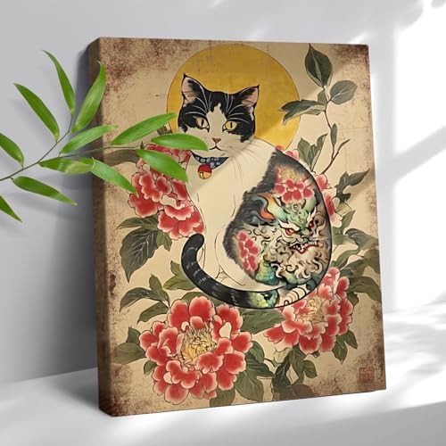 Wesluin 12"x16" Samurai Cat Canvas – Bushido Japanese Cat Wall Art | Meow-shi warrior strikes a fierce pose in armor. Playful kung fu energy. Hook included, ready to hang.