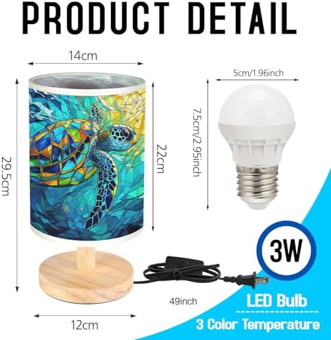 Sea Turtle Table Lamp LED 3-Color Pressed Bedside, Sea Turtle Shade Lamp with Wood Base for Bedroom Living Room Desk Office TL01