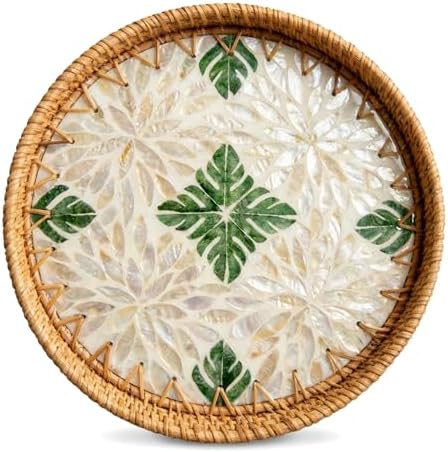 Boho Handwoven Rattan Tray with Mother of Pearl Inlay, 30cm Round Decorative Tray, Wooden Base Serving Tray for Breakfast, Vanity, Coffee Table & Wall Hanging Decor (Size:Middle, Pattern:Greenleaf)