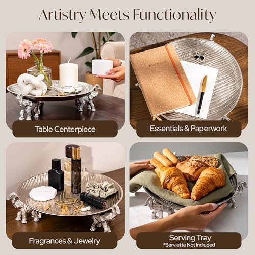 Round Tray with Elephant Stand – Silvery Decorative Tray for Coffee Table Tray, Dining Table Centerpiece Decor, Round Trays Home Decor, Serving Tray for Kitchen Counter Decor