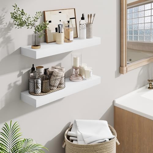 Fun Memories Floating Shelves Set of 2, 24 Inch Floating Shelves for Wall, Wood Wall Shelves with Invisible Brackets, for Bathroom, Bedroom, Living Room, Kitchen, White