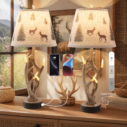 Dungoo 26" Rustic Antler Table Lamp Set of 2 for Bedroom with USB- C Port