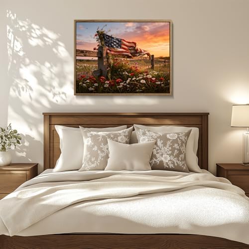 American Flag Framed Canvas Wall Art, 4th of July Patriotic Canvas Prints | Wildflower Meadow Landscape Poster Print, Vintage Rustic Independence Day Wall Decor for Bedroom Living Room 24×36in