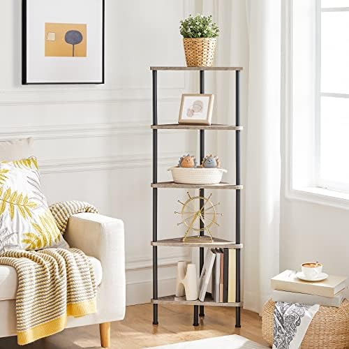 HOOBRO Corner Shelf Stand, Industrial 5-Tier Corner Bookshelf with Metal Frame, Corner Shelf Stand Display Plant Flower, Corner Bookcase for Small Spaces, Living Room, Greige and Black BG33CJ01