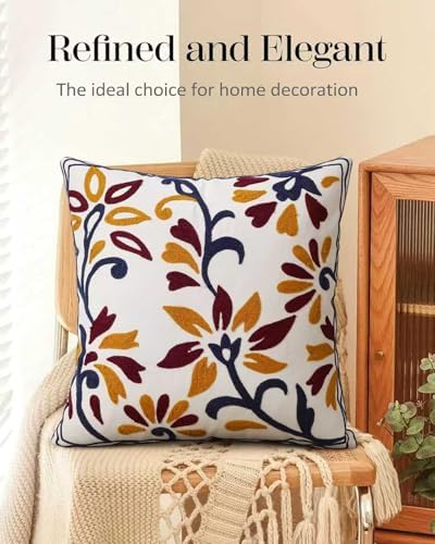 Embroidered Floral Boho Throw Pillow Cover 18x18 Inch - Decorative Cotton Pillow Case for Couch, Sofa, Bedroom, Living Room - Farmhouse Home Aesthetic Housewarming Gifts (Vintage Charm, 18" x 18")