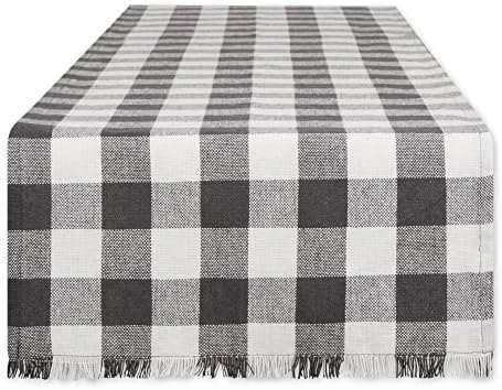 DII Fringed Check Tabletop, Table Runner, 14x108, Mineral