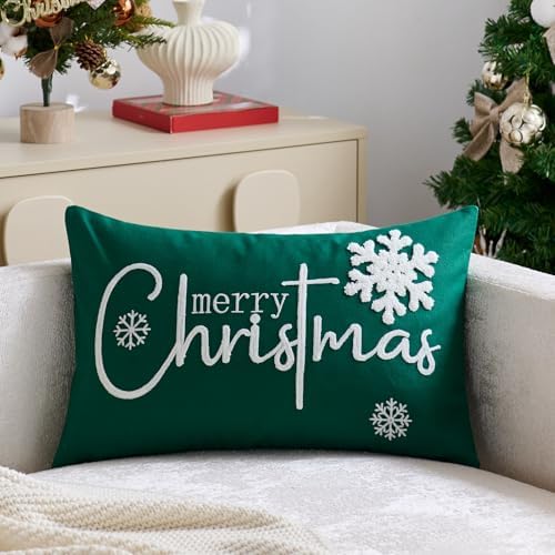 Merry Christmas Pillow Covers 12x20 Inch Embroidery Snowflake Xmas Decorative Lumbar Throw Pillow Cover Winter Holiday Pillow Case Cushion Cases for Sofa Couch Living Room Decorations Green