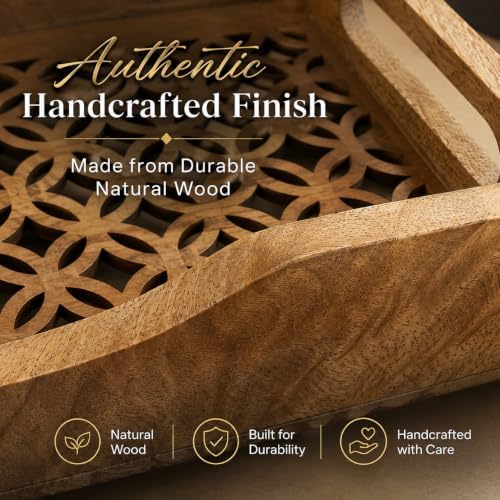 Natural Wooden trays, Serving Bowl for Salad, Veggies and Fruits, Large Deep for Family, Party (Lattice Design)