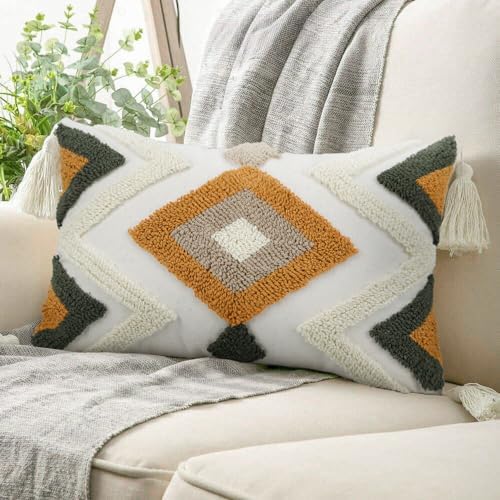 Woven Tufted Boho Throw Pillow Covers 12x20, Farmhouse Pillows Cover Cases Cushion with Tassels, Neutral Decorative Square Pillowcases for Couch Bed Sofa Living Room Bedroom Aesthetic Brown