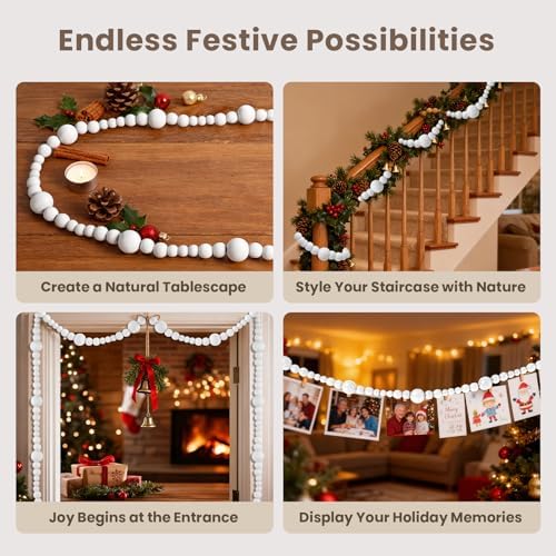 2PCS Christmas Wood Beads Garland 24 Feet Wooden Bead Garland Boho Ornaments for Christmas Tree, Xmas Vintage Rustic Farmhouse Round Craft Bead Hanging Holiday Decorations(White)