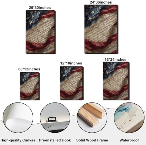 RIBNTAK 4th of July Wall Art Canvas Prints Pictures Patriotic American Flag Artwork Constitution Decor Americana Wall Decor Rustic Vintage Home Decorations for Living Room Bedroom Office Farmhouse