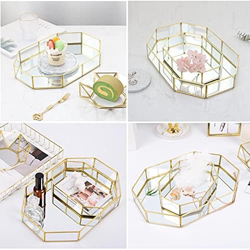 Hipiwe Gold Perfume Tray - Glass Mirrored Makeup Tray, Large 12.4"x 8.2"