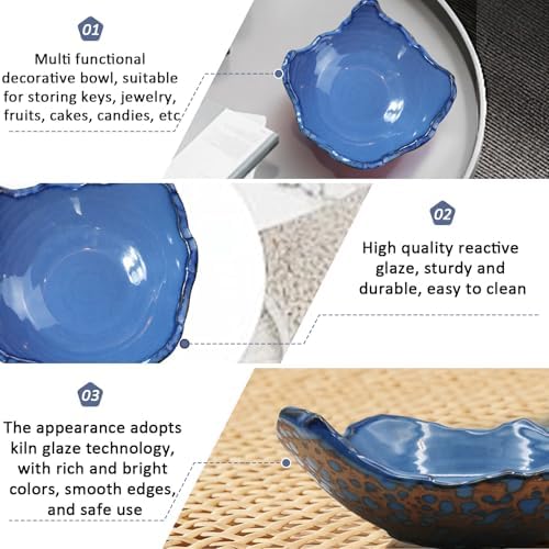 8" Small Ceramic Decorative Bowl，Irregular Rim Reactive Glaze Key Bowls for Entryway Table，Blue Coffee Table Bowl Decor，Modern Fruit bowls for Tabletop or Home Decor