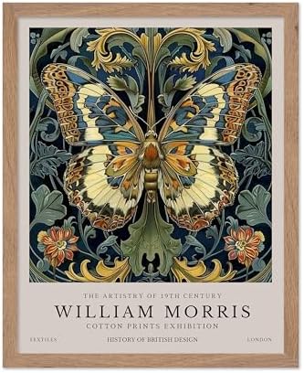 Monem Art William Morris - Butterfly and Flowers Print - Botanical Artwork - Exhibition Art - Floral Design - Textile Illustration - Animal Art - Aesthetic Bedroom or Office Decor - 8x10 Beige Framed