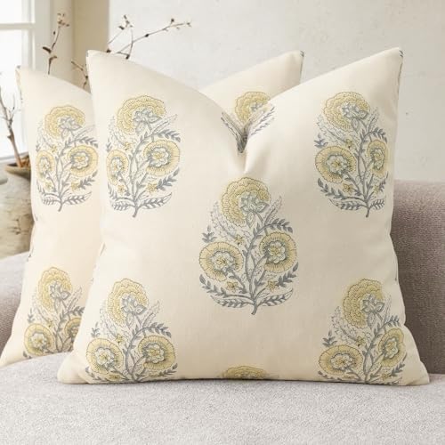 Summer Vintage Floral Print Pillow Covers 18x18 Set of 2 Patterned Accent Decorative Cushion Covers Modern Farmhouse Throw Pillow Covers for Sofa Couch Chair Bed Living Room Home Decor, Mellow Yellow