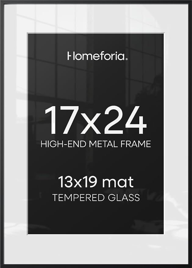 Homeforia 17x24 Black Picture Frame, High-End Metal, 13x19 Mat, Glass