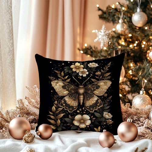 Moody Gothic Floral Butterfly Pillow Covers 18x18, Butterfly Room Home Decor, Dark Cottagecore Flower Rustic Botanical Moth Decorative Throw Pillow Covers