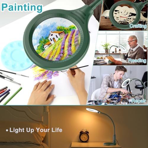 10X Magnifying Glass with Light and Clamp, 5 Color Modes Stepless Dimmable Lighted Magnifier with Stand, Flexible Gooseneck LED Desk Lamp Hands Free for Craft Painting Hobby Close Work - Green