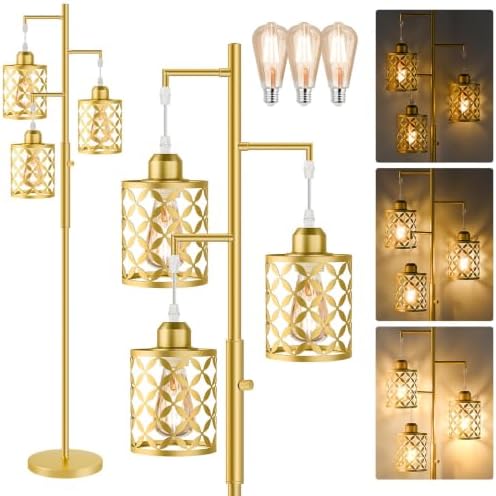 72" Modern Tree Floor Lamp, Dimmable Industrial Tall Standing Lamp with Metal Cages & Rotary Dimmer Knob, Corner Decor Lighting for Living Room Bedroom Cafe, 3 x 800LM Bulbs Included - Gold