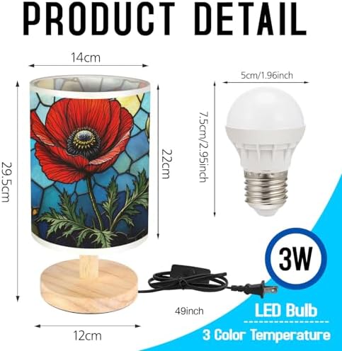 Poppy Table Lamp LED 3-Color Pressed Bedside, Poppy Shade Lamp with Wood Base for Bedroom Living Room Desk Office TL01