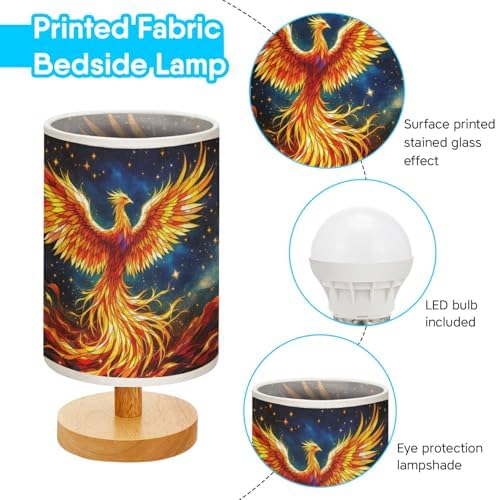 Phoenix Table Lamp LED 3-Color Pressed Bedside, Phoenix Shade Lamp with Wood Base for Bedroom Living Room Desk Office TL01