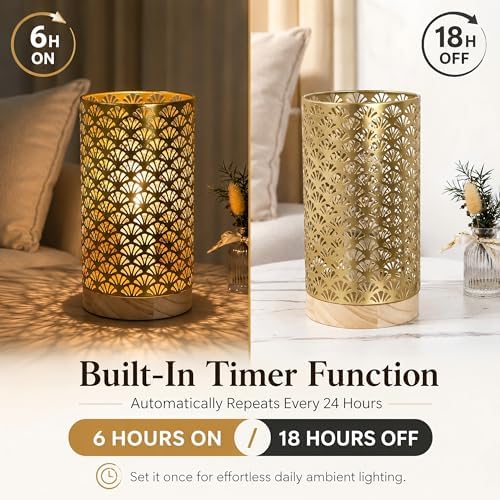 JHY DESIGN Battery Operated Table Lamp, 9" H Medium Decorative Lamp with LED Bulb and 6-Hour Timer, Gold Metal Accent Light for Bedroom, Living Room, Patio, Wedding Table Decor