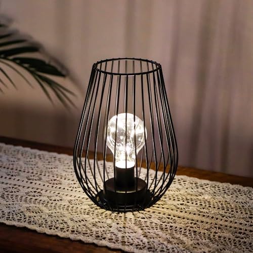 TRIROCKS Set of 12 Metal Cordless Table Lamp - 8'' Tall Cage Shape Battery Operated Lamp with Warm Fairy Lights Bulb for Indoor/Outdoor Use, Perfect for Christmas, Patio, Garden, and Weddings (Black)