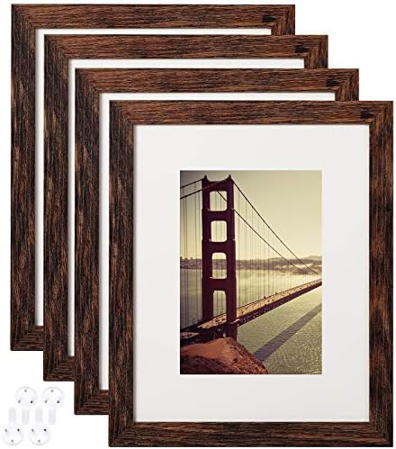 BAIJIALI 8x10 Picture Frame Rustic Brown Wood Pattern Set of 4 with Tempered Glass,Display Photos 5x7 with Mat or 8x10 Without Mat, Horizontal and Vertical Formats for Wall and Table Mounting