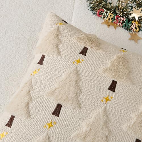 Kevin Textile Christmas Tree Pillow Covers 16x16 Inch Set of 2 Twinkle Golden Star Embroidery Soft Plush Faux Fur Throw Pillowcases for Couch Sofa Holiday Festivals Winter Xmas Gift, Beige