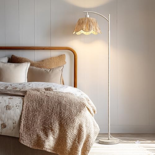 Oneach Farmhouse Floor Lamps for Living Room, Boho Floor Lamp for Bedroom with Foot Switch, Rattan Floor Lamp for Reading with Hand-Woven Shade, Antique White Metal Base & Pole