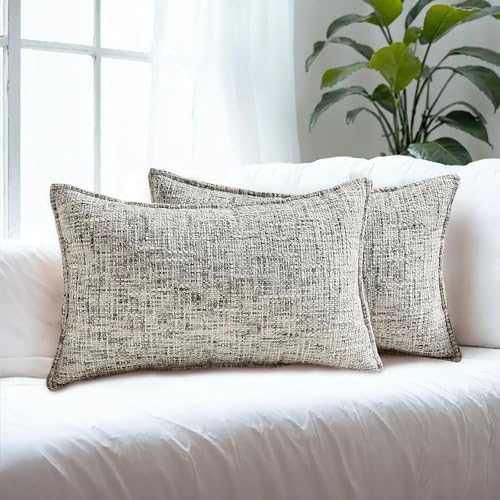 HAUSSY Pack of 2 Chenille Tweed Throw Pillow Covers 12x20 Inch, Black