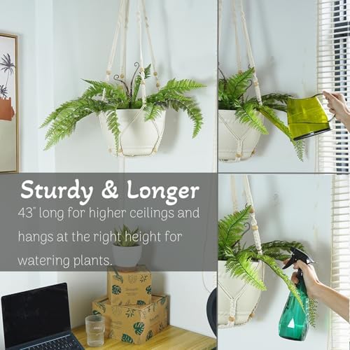 Bouqlife 43 Inches Macrame Plant Hanger Large for 12 inch Pot Extra Long No Tassel Cotton Rope Hanging Plant Holder with Ceiling Hook Bohemian Home Decor