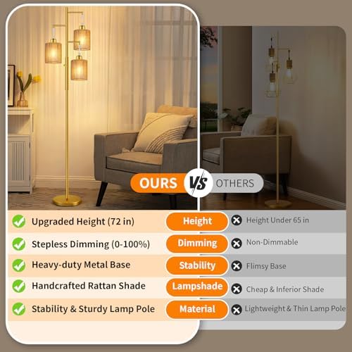 Hotsonic 72" Boho Rattan Tree Floor Lamp, Tall Dimmable Industrial Standing Lamp, Corner Decor Accent Lighting for Living Room, Bedroom, Dining Room, Nursery, Cafe (3 x 800LM Bulbs Included) - Gold