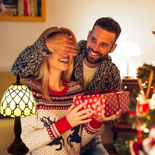 Small Tiffany Style Table Lamp,3 Color Temperature Beads Light Gold Stained Glass Table Lamps for Living Dining Room,Bedroom,Bedside Nightstand Night Light+LED E12 Bulb,6X6X13Inch