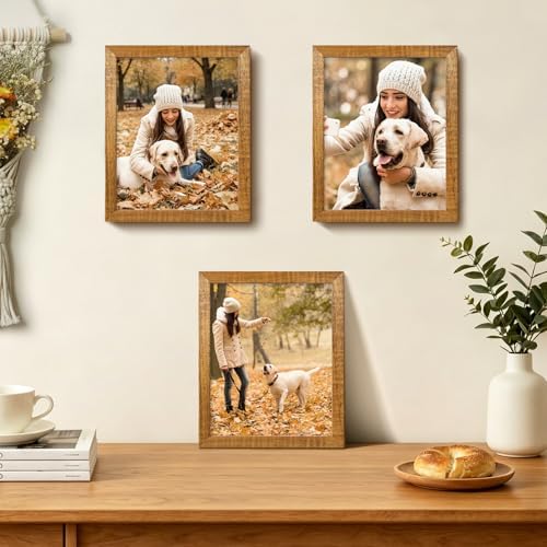 Egofine 8x10 Picture Frames Set of 4, Made of Solid Wood Covered by Plexiglass 4x6 and 5x7 with Mat or 8x10 without Mat, for Table Top Display and Wall Mounting Photo Frame, Teak Wood