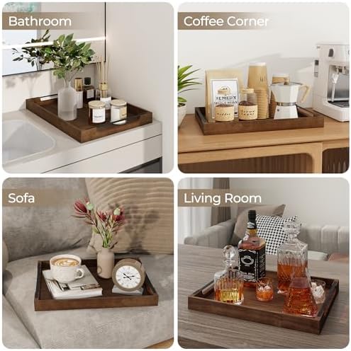 Axeman Wooden Serving Tray with Metal Handles|Ottoman Tray for Breakfast, Bed, Couch|17x13in Ash Wood Coffee Table Trays|Food Drinks Decorative Storage Boards for Ottoman Kitchen, Walnut