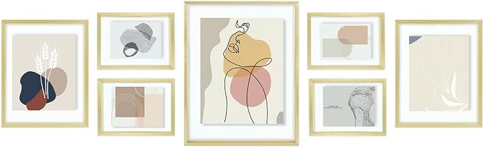 Golden State Art 7 Pack Aluminum Floating Frames Included 5x7 8x10 11x14 | Gold, One 11x14 Two 8x10 Four 5x7 Frames, Wall Mount Display, Fit for Pictures, Pressed Flowers Any Size up to Frame Size