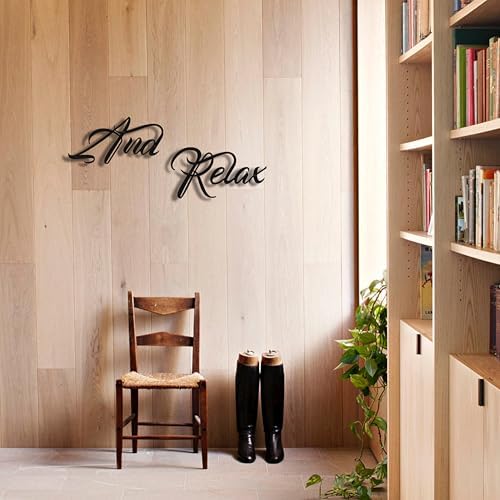 And Relax Metal Wall Art, 3D Black Letter Sign for Bathroom & Spa Decor | 3D black metal "And Relax" letter sign, calming spa-inspired decor for bathrooms, bedrooms, or zen spaces