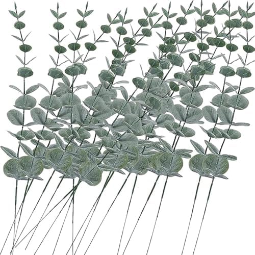 60pcs Eucalyptus Stems Artificial Eucalyptus Leaves Fake Greenery Branches Stems Faux Eucalyptuses Wedding Bouquet (60, Green)